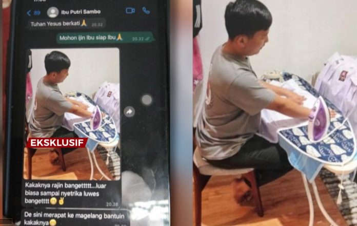 Diduga Brigadir Nofriansyah Yoshua Hutabarat sedang menyetrika baju seragam sekolah milik anak tersangka Fredy Sambo dan Putri Candrawathi