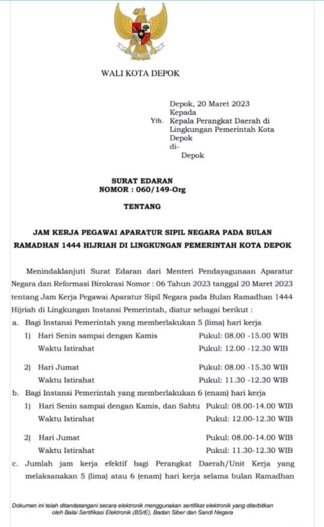 Peraturan Baru: ASN di Depok Wajib Mengikuti Aturan Jam Kerja Selama Ramadan Berdasarkan SE dari Walikota